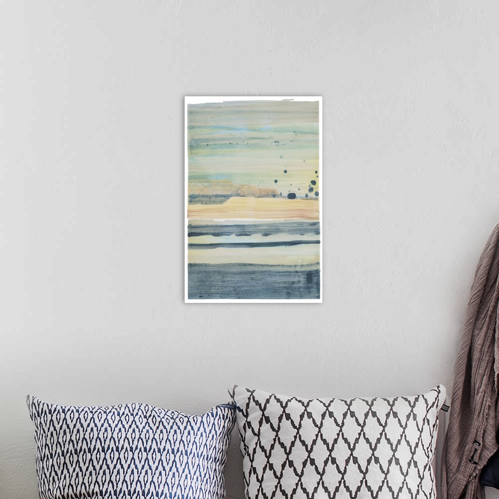 A bohemian room featuring Abstract contemporary artwork of horizontal bands of muted blue and beige.