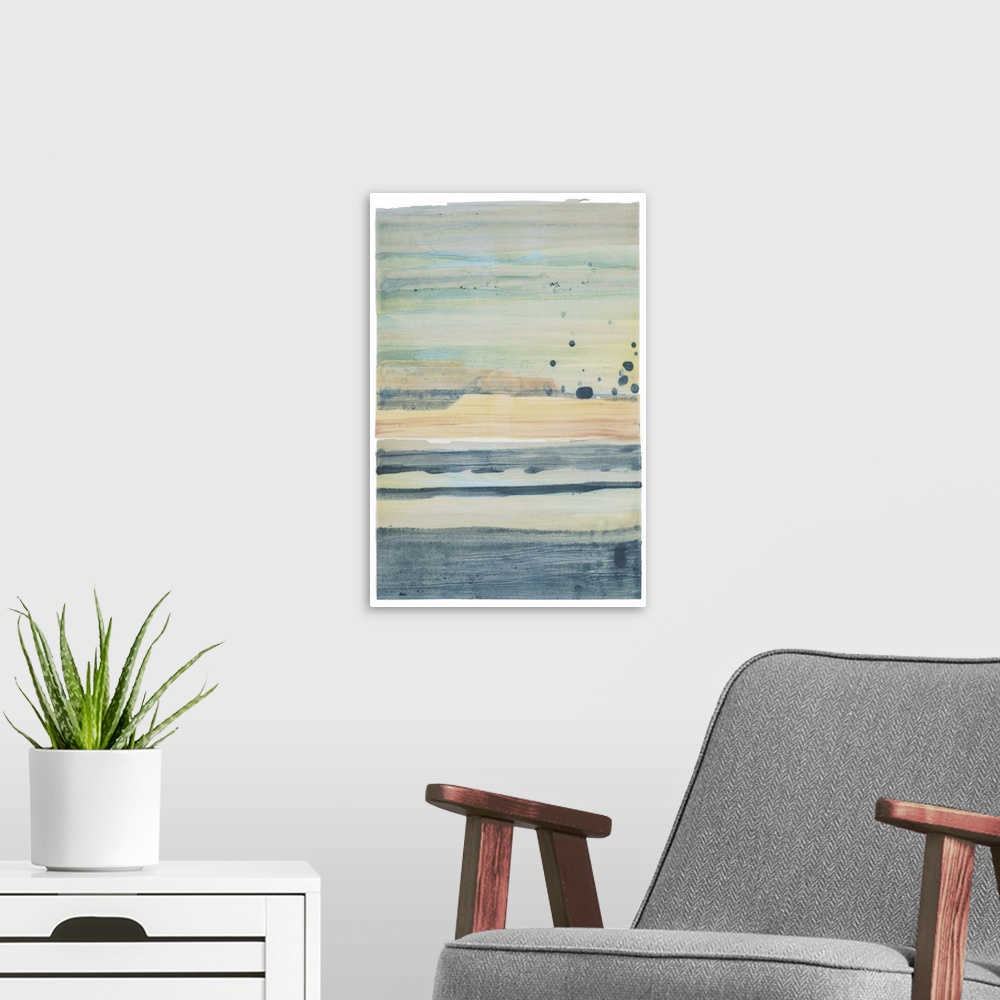 A modern room featuring Abstract contemporary artwork of horizontal bands of muted blue and beige.