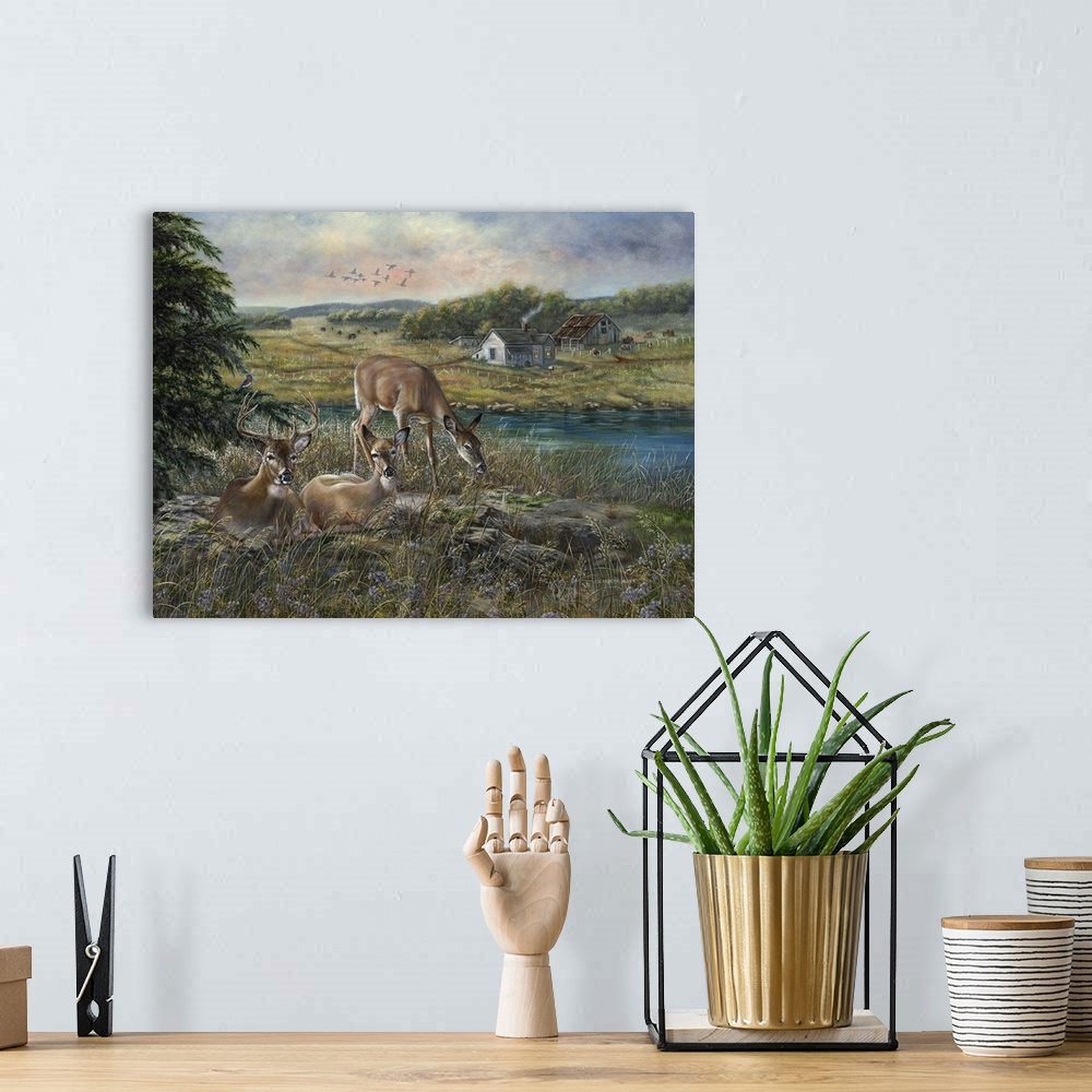 A bohemian room featuring Contemporary painting of deer grazing in a clearing beside a river.