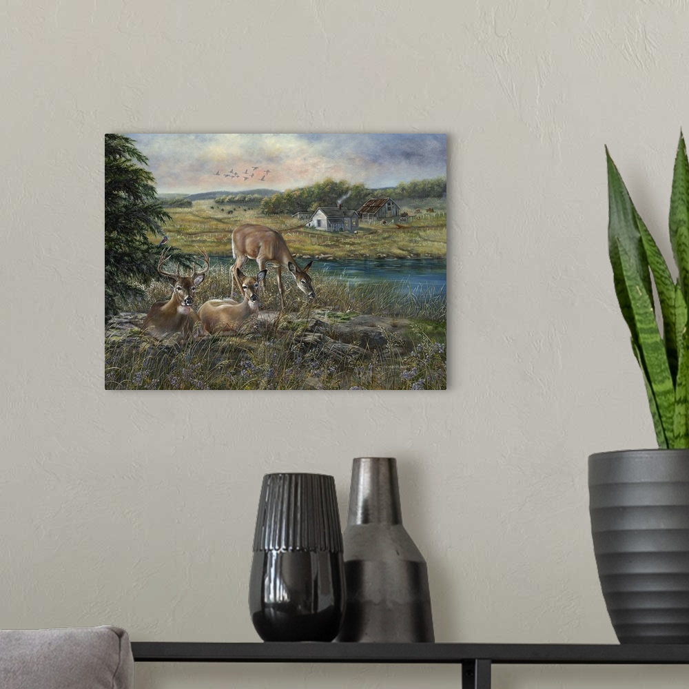 A modern room featuring Contemporary painting of deer grazing in a clearing beside a river.