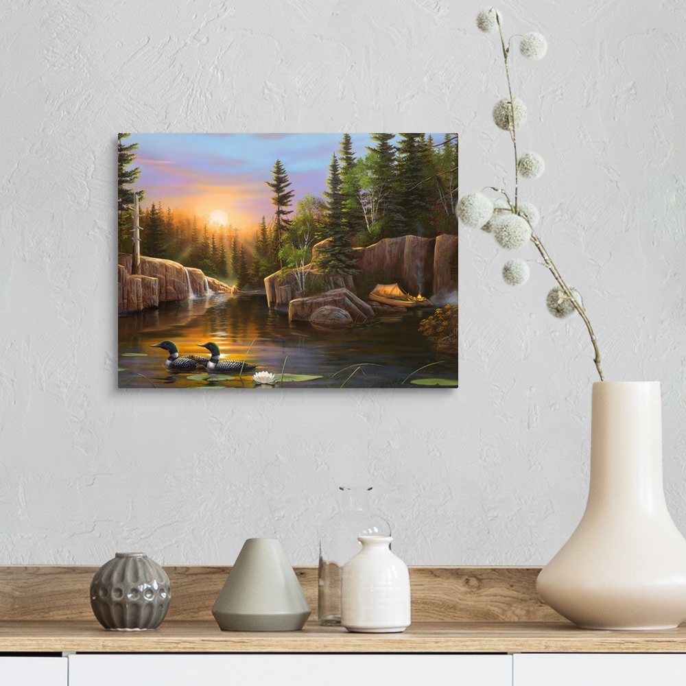 A farmhouse room featuring Large, landscape artwork of the sun setting over a calm body of water where tow ducks swim in the...
