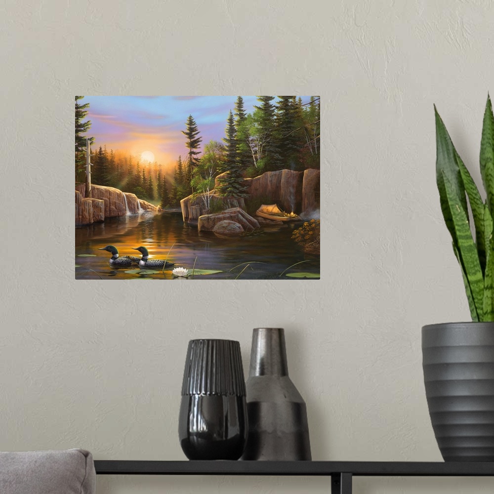 A modern room featuring Large, landscape artwork of the sun setting over a calm body of water where tow ducks swim in the...