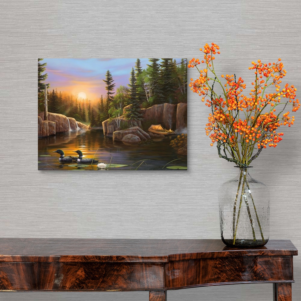 A traditional room featuring Large, landscape artwork of the sun setting over a calm body of water where tow ducks swim in the...