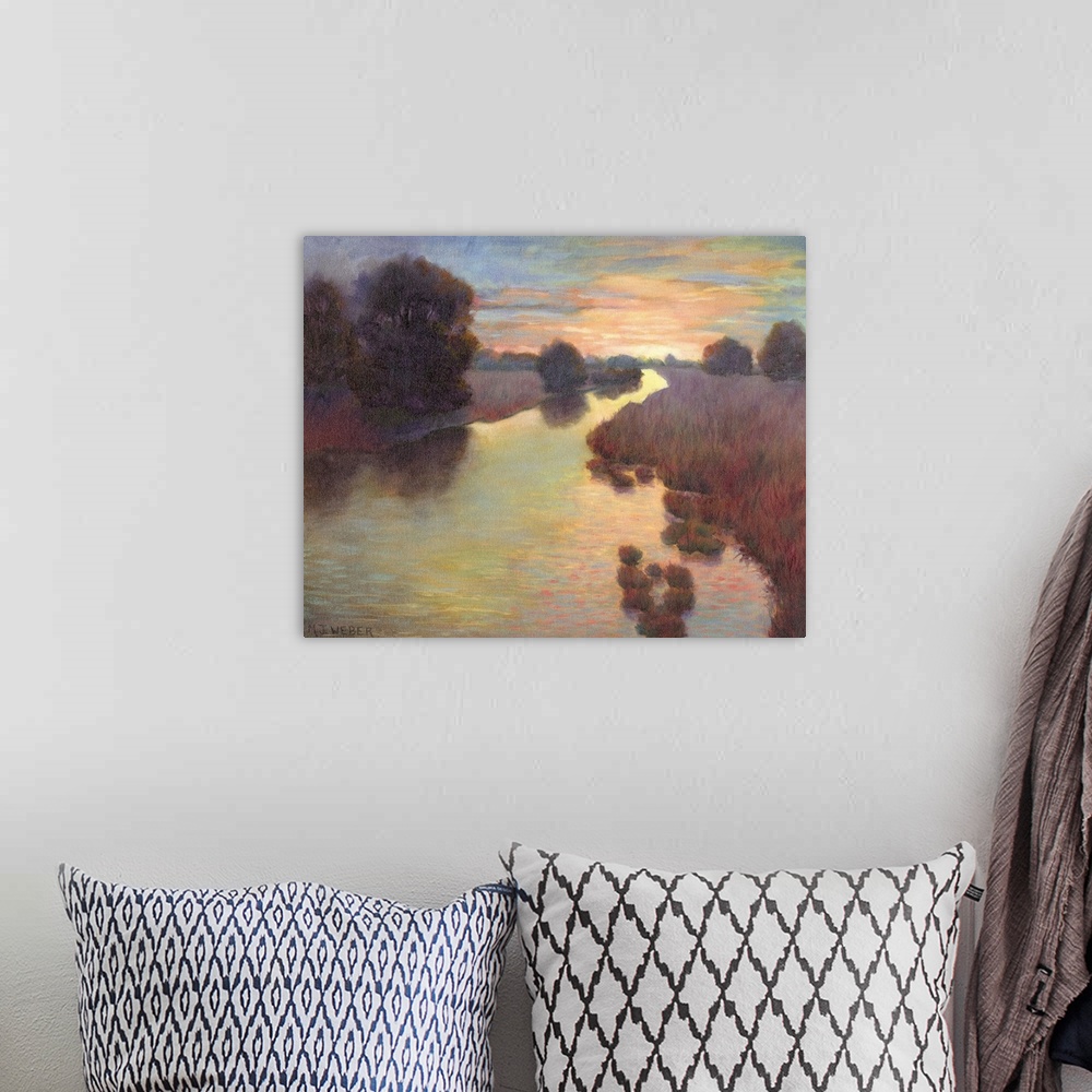 A bohemian room featuring Contemporary landscape painting of a winding river through a sunset drenched landscape.