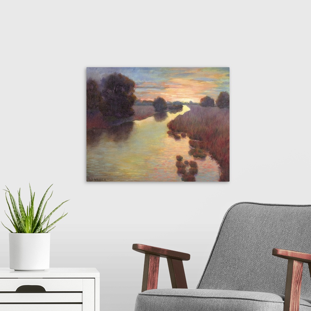A modern room featuring Contemporary landscape painting of a winding river through a sunset drenched landscape.