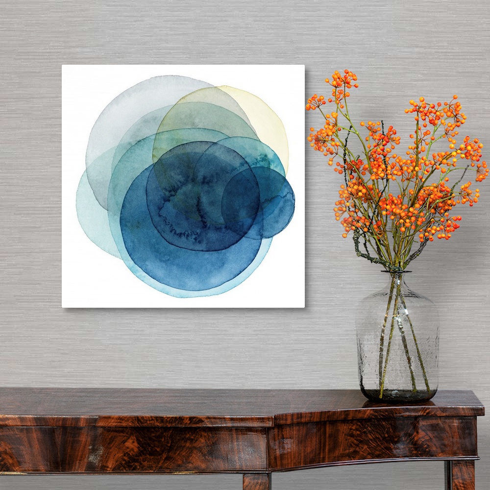 A traditional room featuring Inspired by the cosmos, these spinning watercolor circles resemble the orbit a planet takes in sh...