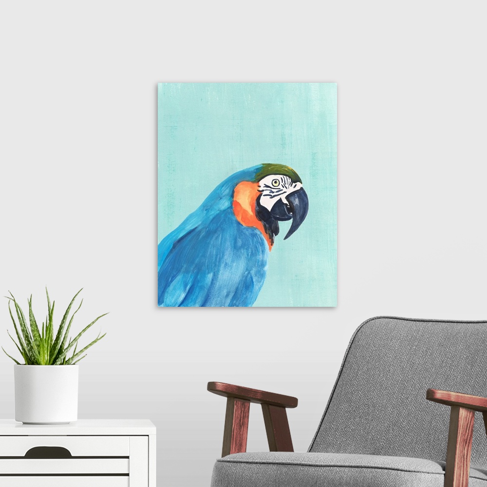 A modern room featuring Exotic Bird On Blue I