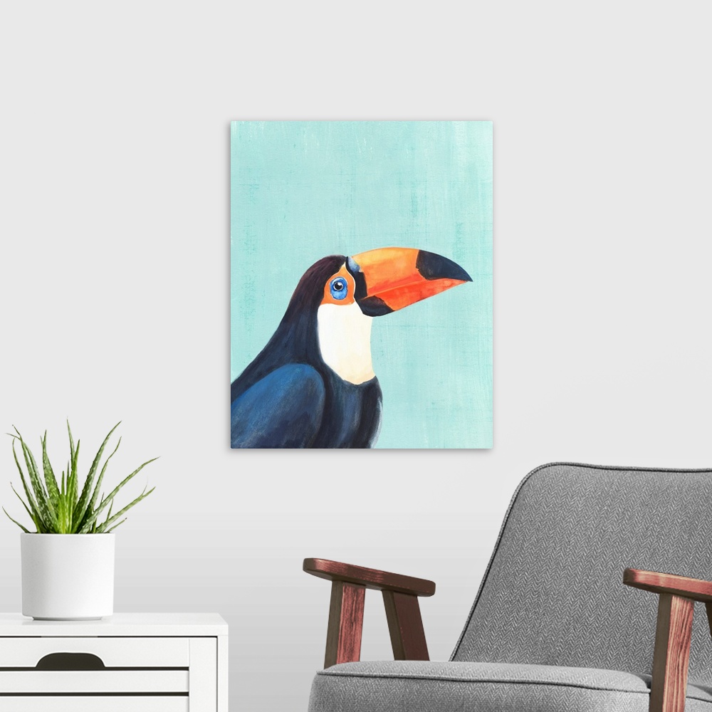 A modern room featuring Exotic Bird On Blue II