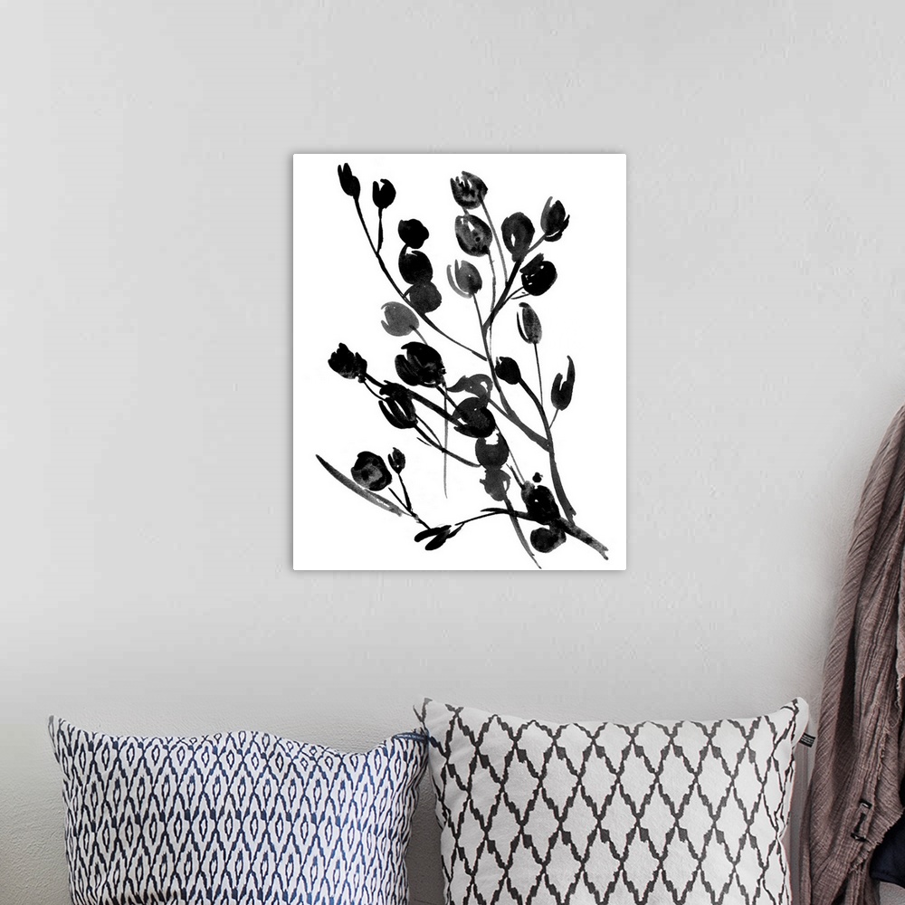 A bohemian room featuring Flowers drawn in black ink centered over a white background in this contemporary artwork.