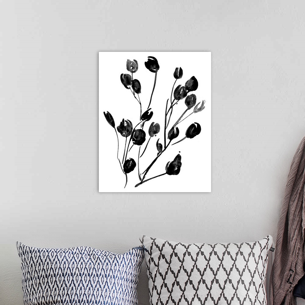 A bohemian room featuring Flowers drawn in black ink centered over a white background in this contemporary artwork.