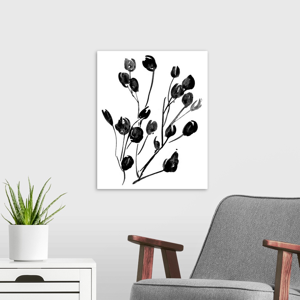 A modern room featuring Flowers drawn in black ink centered over a white background in this contemporary artwork.