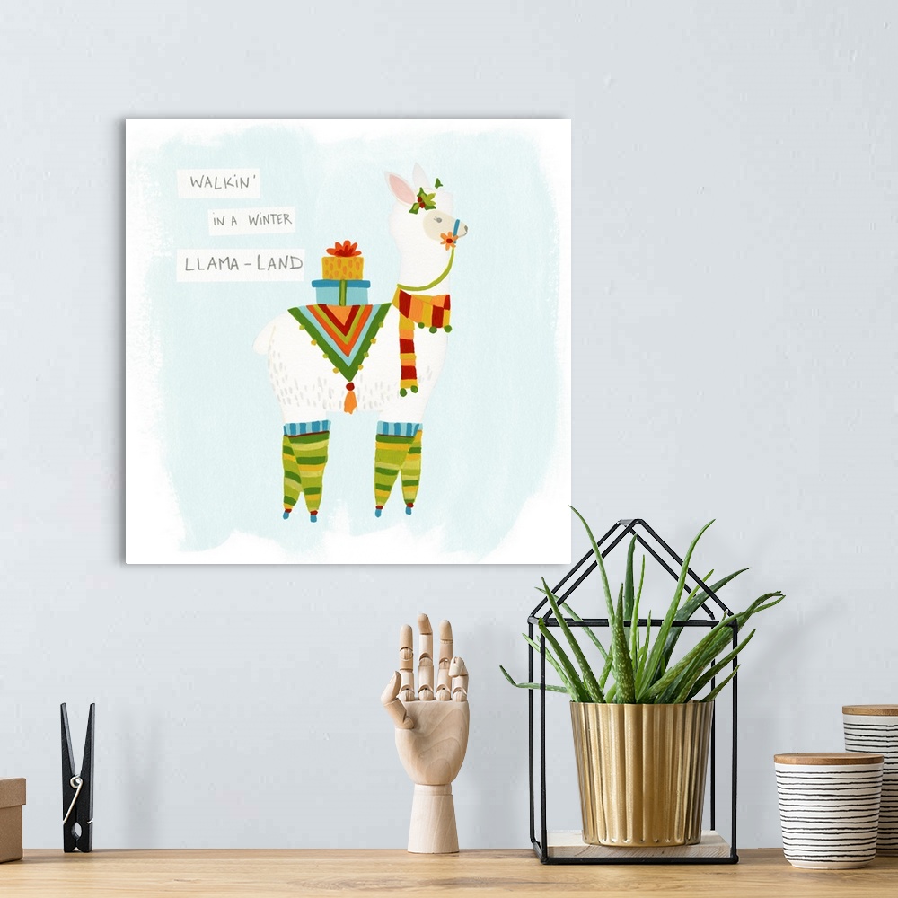 A bohemian room featuring Whimsical holiday decor of a llama with presents on its back and the phrase "Walkin' In A Winter ...