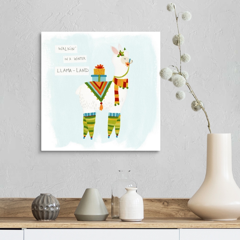 A farmhouse room featuring Whimsical holiday decor of a llama with presents on its back and the phrase "Walkin' In A Winter ...