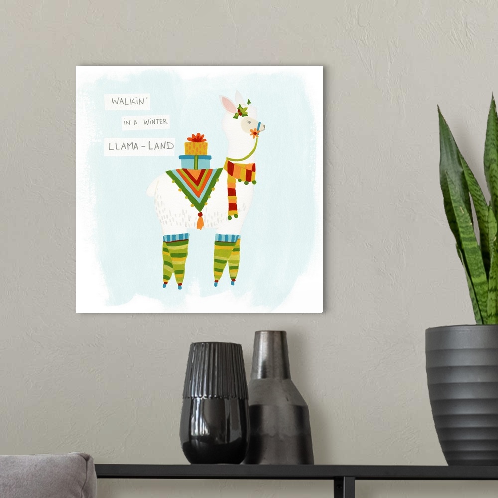 A modern room featuring Whimsical holiday decor of a llama with presents on its back and the phrase "Walkin' In A Winter ...