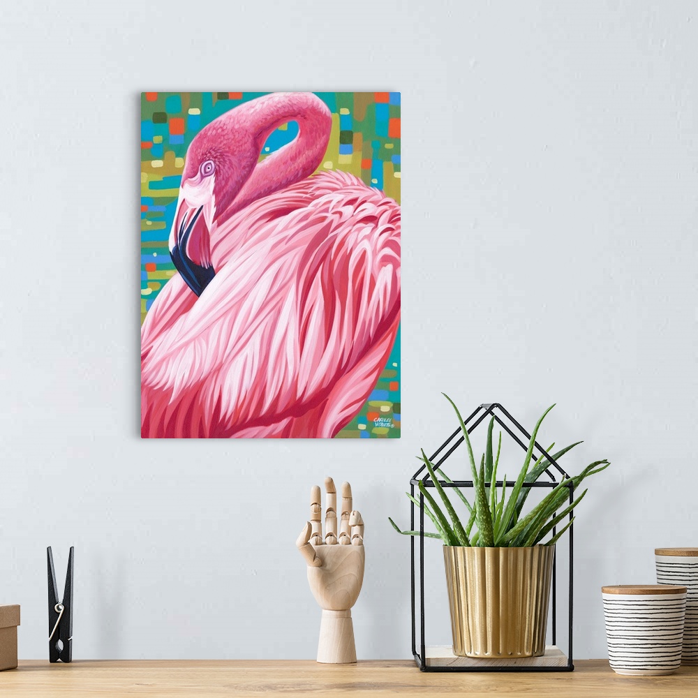 A bohemian room featuring Contemporary painting of a tropical pink flamingo.