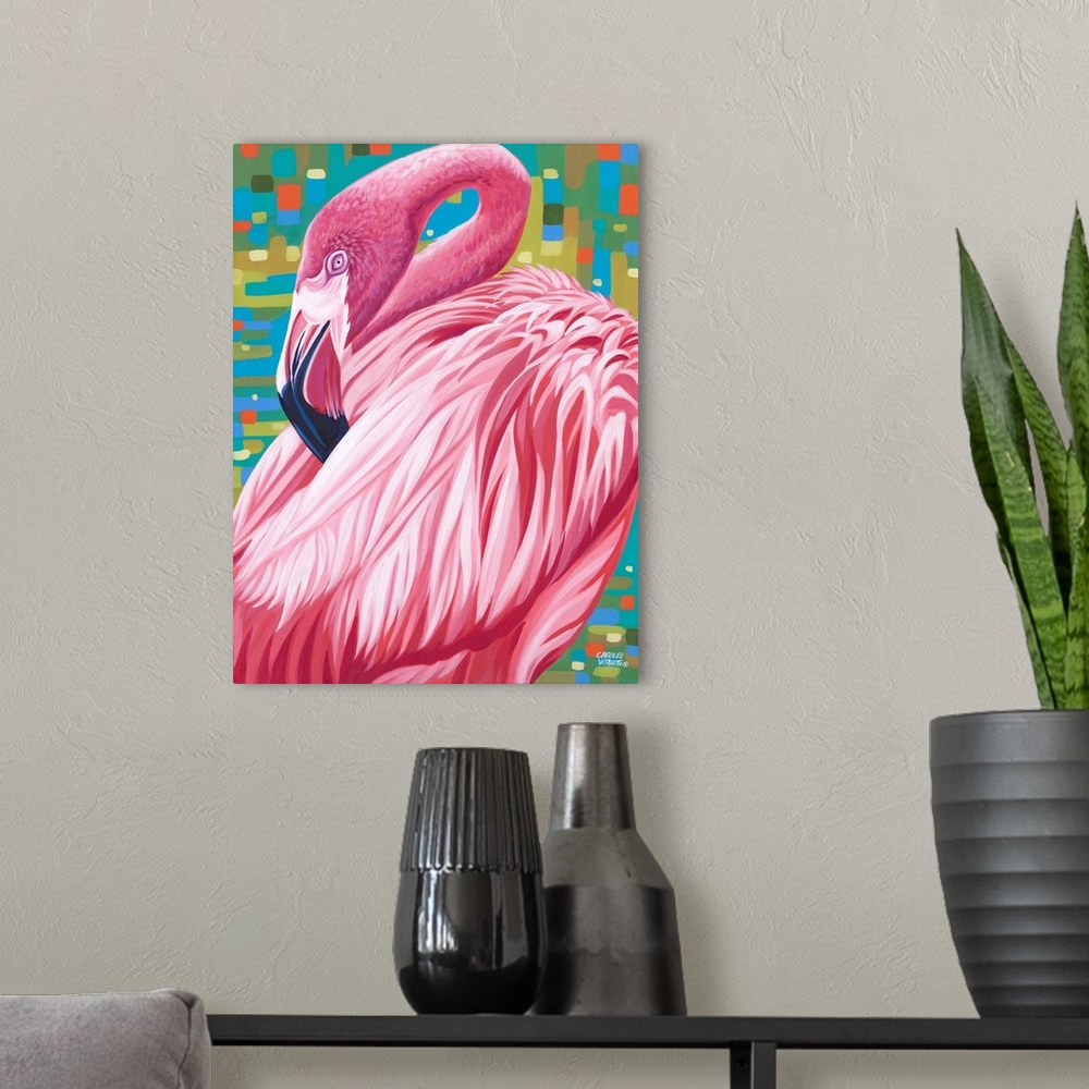 A modern room featuring Contemporary painting of a tropical pink flamingo.