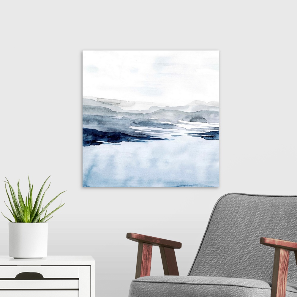 A modern room featuring Watercolor landscape art of a pale blue ocean under a light grey sky.