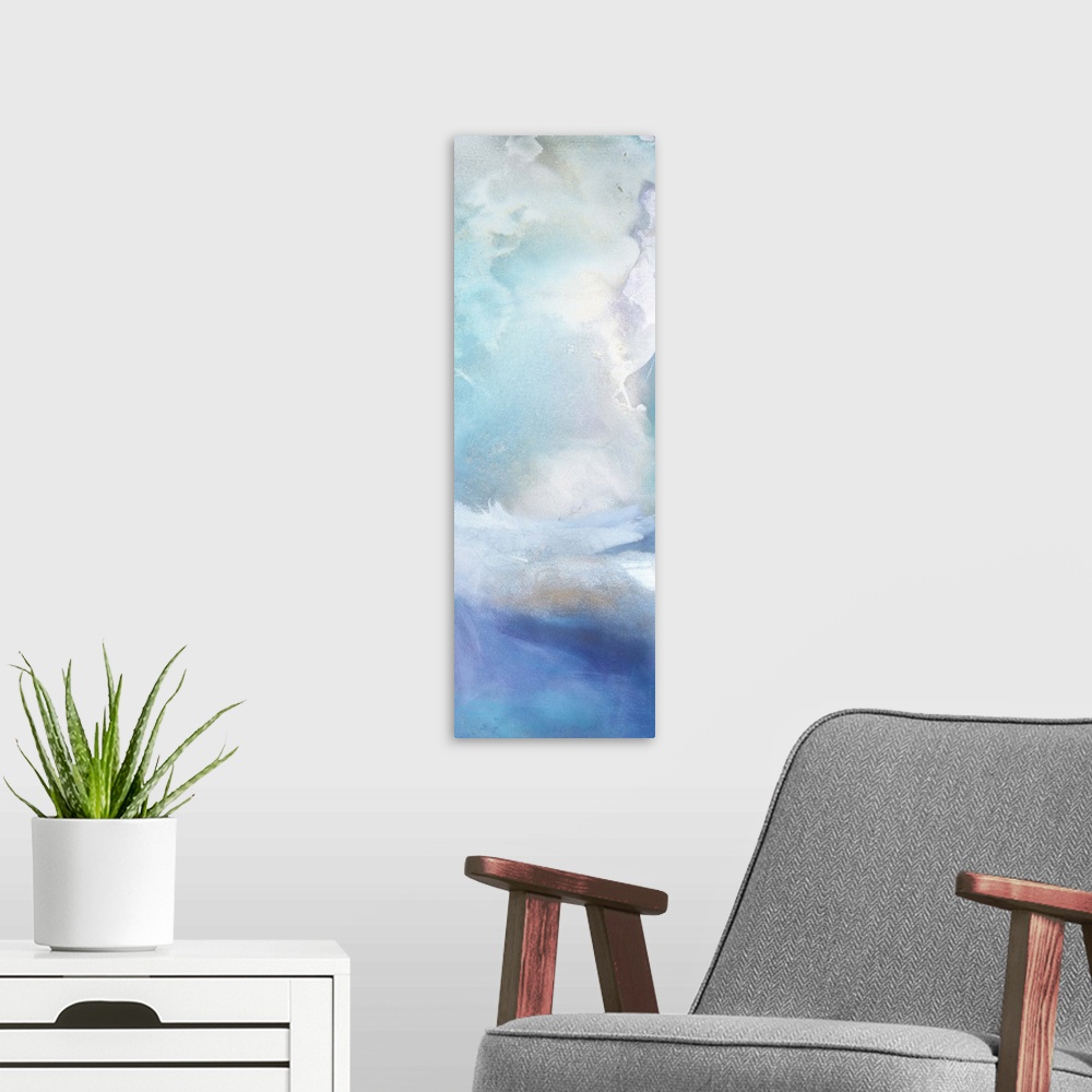 A modern room featuring Contemporary abstract painting using washed out cloud like textures surrounding vibrant splashes ...