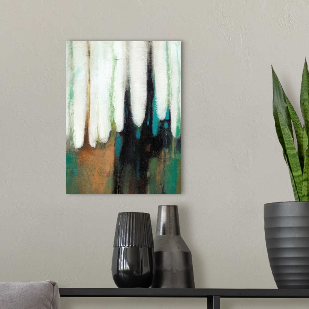 A modern room featuring Abstract painting using dark colors in a vertical direction as if falling.