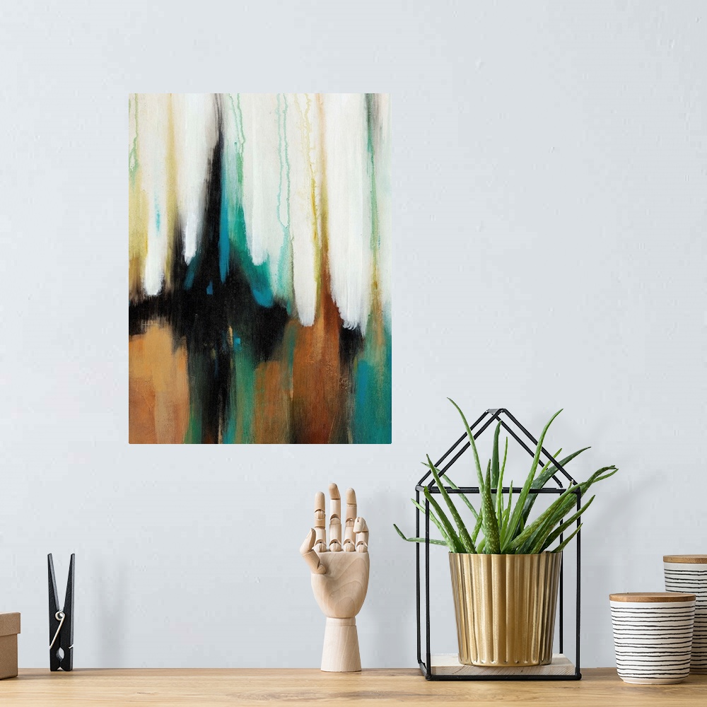 A bohemian room featuring Abstract painting using dark colors in a vertical direction as if falling.