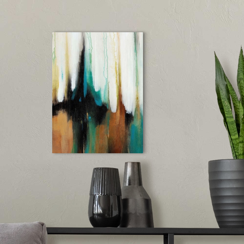 A modern room featuring Abstract painting using dark colors in a vertical direction as if falling.