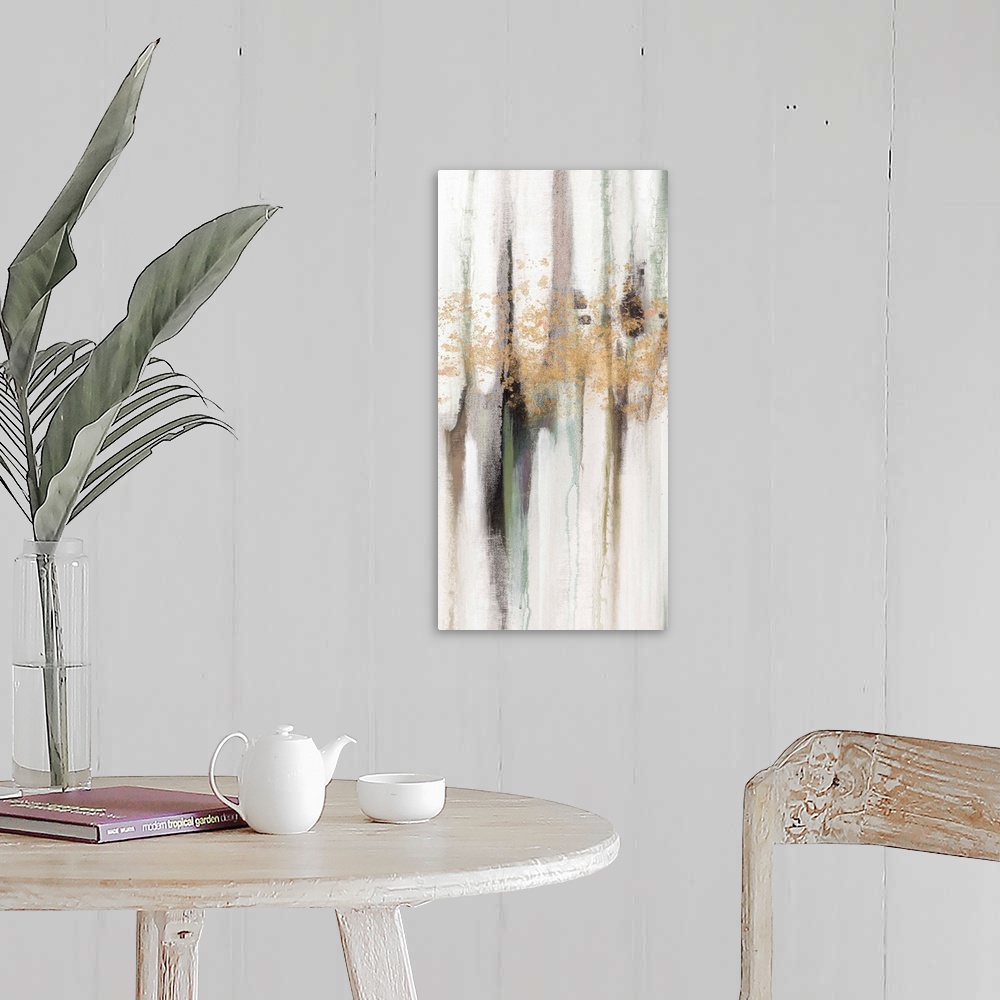 A farmhouse room featuring Contemporary abstract painting using tones of pale gray and gold splashes of color.
