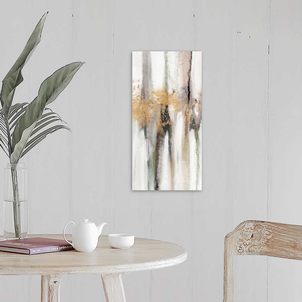 A farmhouse room featuring Contemporary abstract painting using tones of pale gray and gold splashes of color.