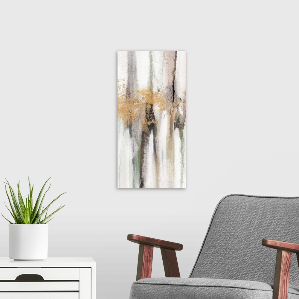 A modern room featuring Contemporary abstract painting using tones of pale gray and gold splashes of color.