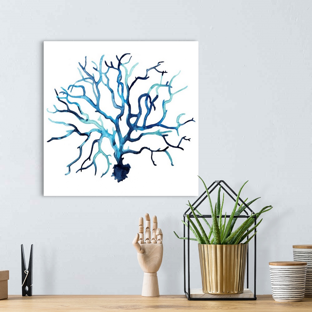 A bohemian room featuring Simple watercolor illustration of coral in shades of blue.