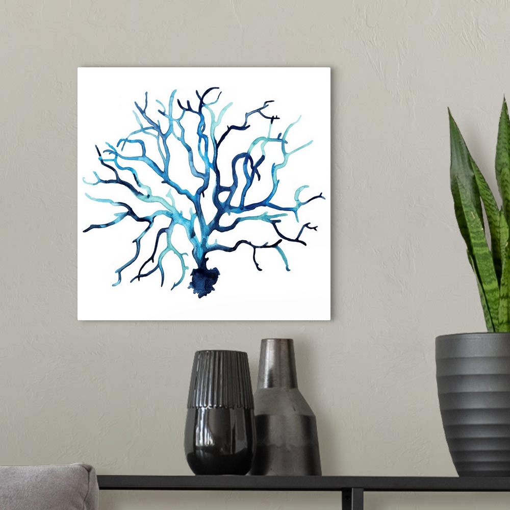 A modern room featuring Simple watercolor illustration of coral in shades of blue.