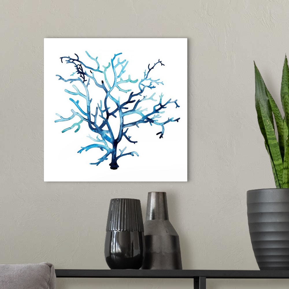 A modern room featuring Simple watercolor illustration of coral in shades of blue.