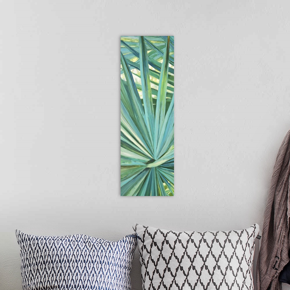A bohemian room featuring Contemporary colorful painting of a tropical palm frond.
