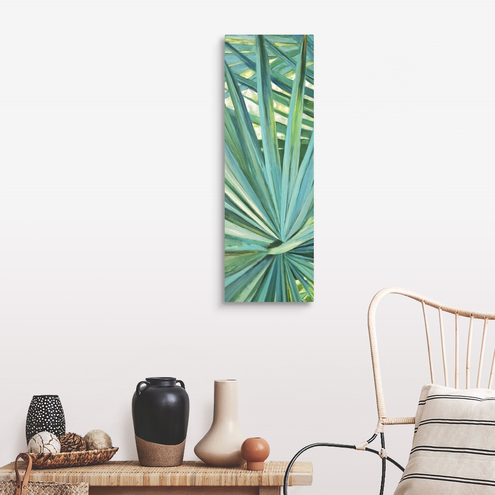 A farmhouse room featuring Contemporary colorful painting of a tropical palm frond.