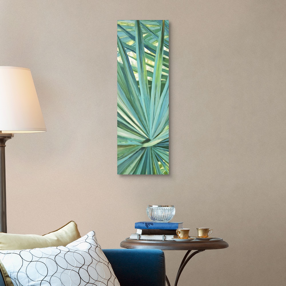 A traditional room featuring Contemporary colorful painting of a tropical palm frond.