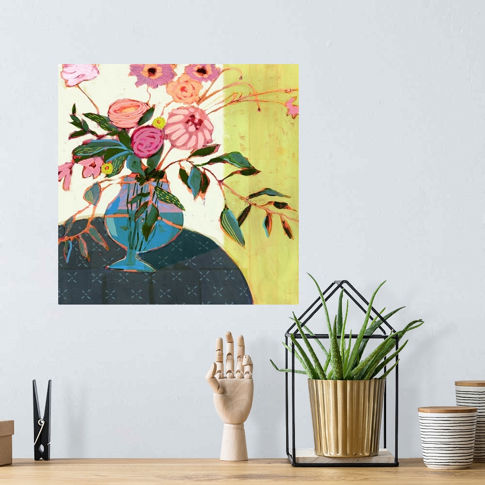 A bohemian room featuring This whimsical artwork features dazzling flowers arranged energetically in a blue vase over a pat...