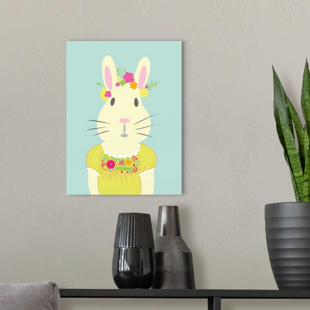 A modern room featuring Cute children's illustration of a bunny wearing a flower crown and floral dress.