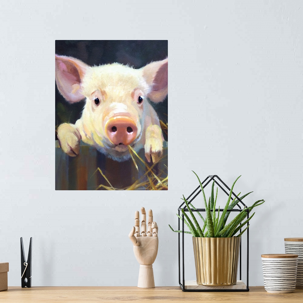 A bohemian room featuring Contemporary painting of a cute pink piglet.