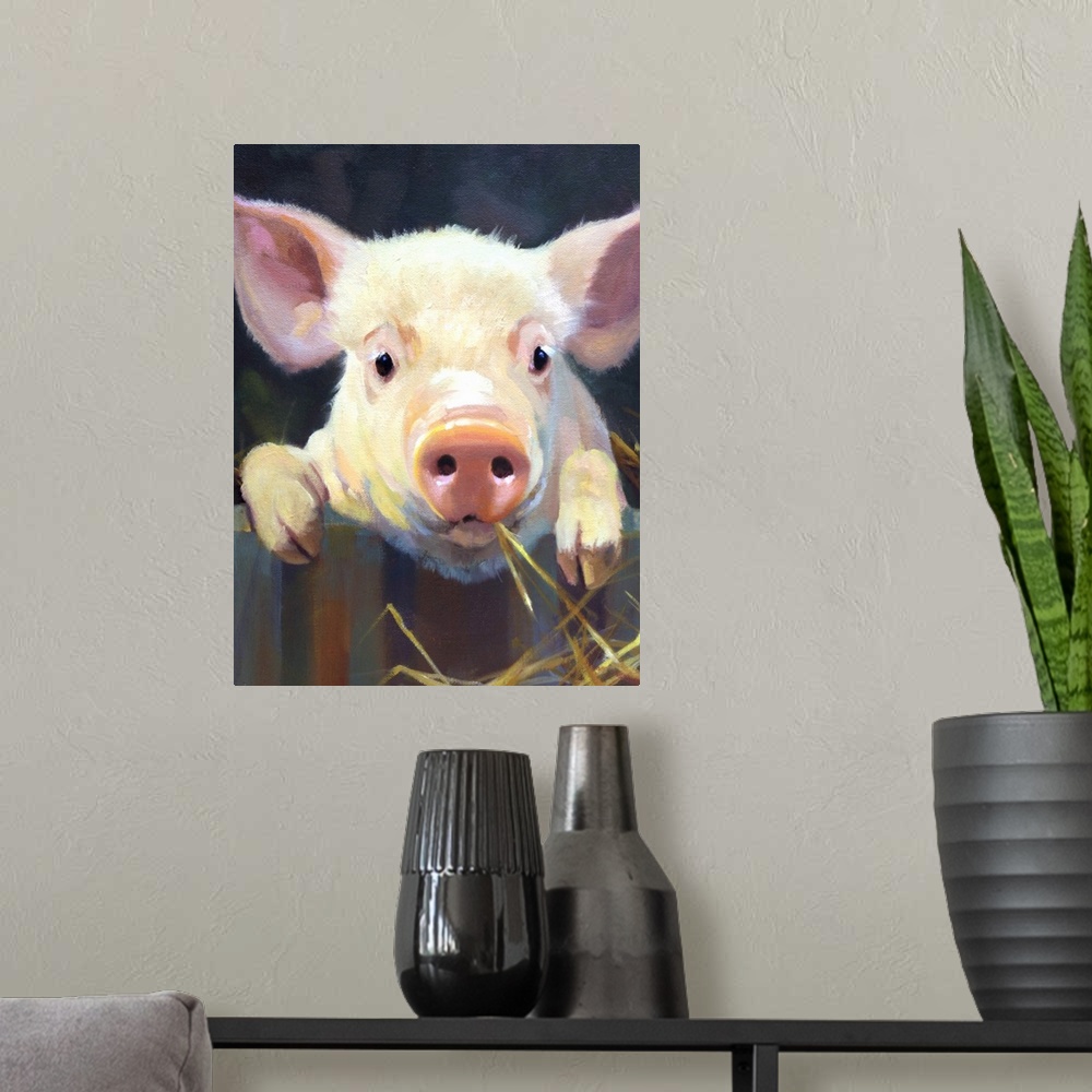 A modern room featuring Contemporary painting of a cute pink piglet.