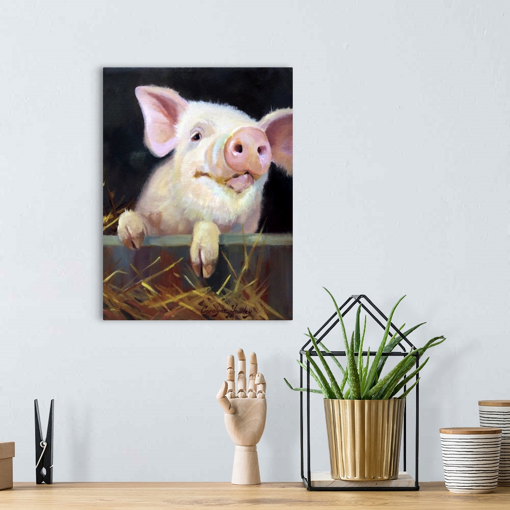 A bohemian room featuring Contemporary painting of a cute pink piglet.