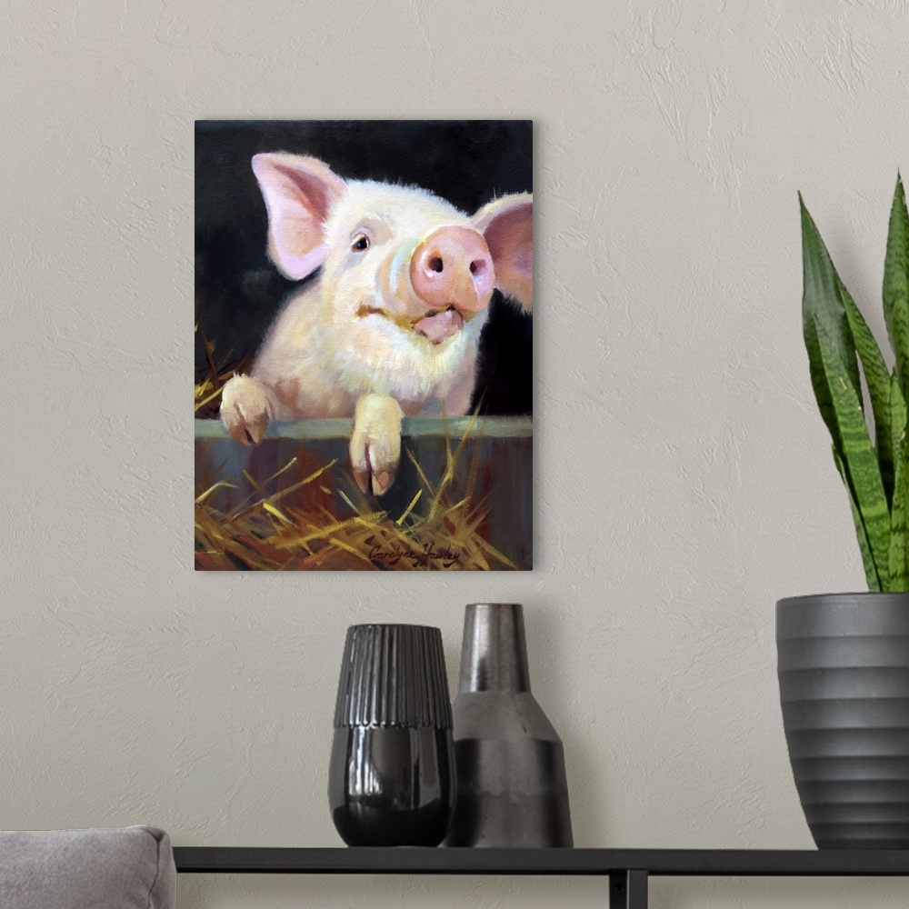A modern room featuring Contemporary painting of a cute pink piglet.
