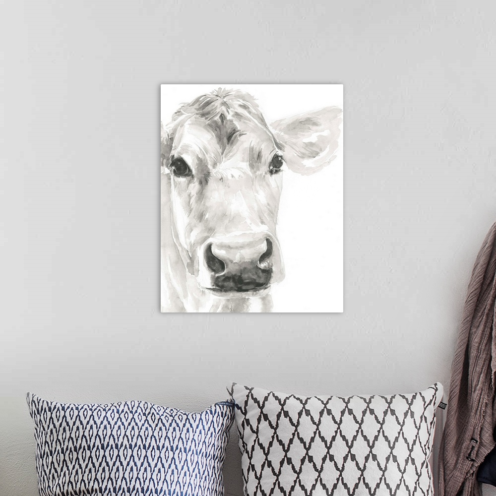 A bohemian room featuring Watercolor portrait of a cow in gray.