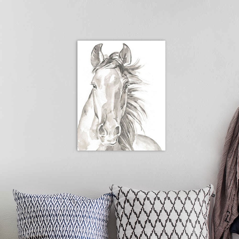 A bohemian room featuring Watercolor portrait of a horse in gray.