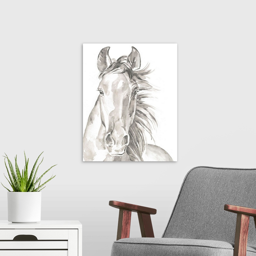 A modern room featuring Watercolor portrait of a horse in gray.