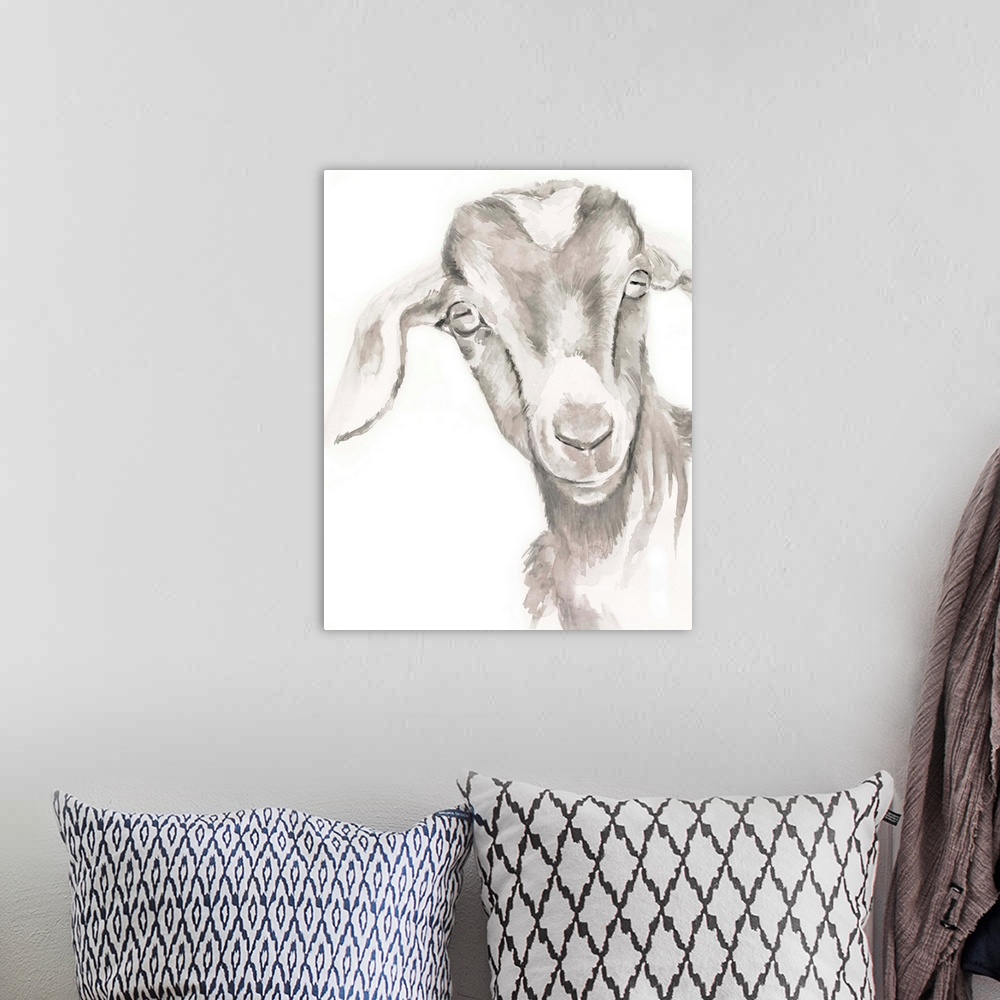 A bohemian room featuring Watercolor portrait of a goat in gray.