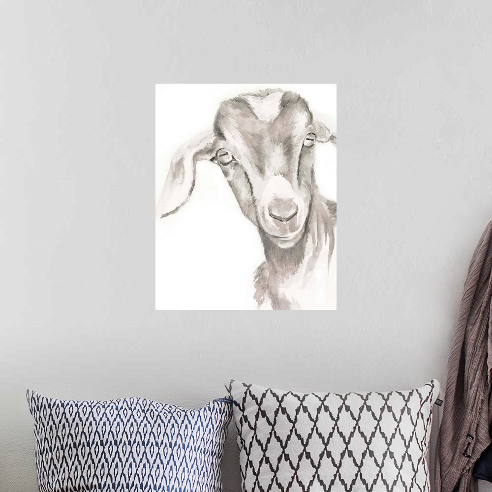 A bohemian room featuring Watercolor portrait of a goat in gray.
