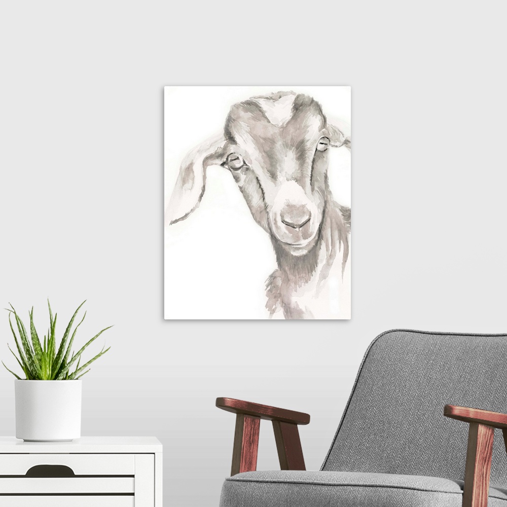 A modern room featuring Watercolor portrait of a goat in gray.