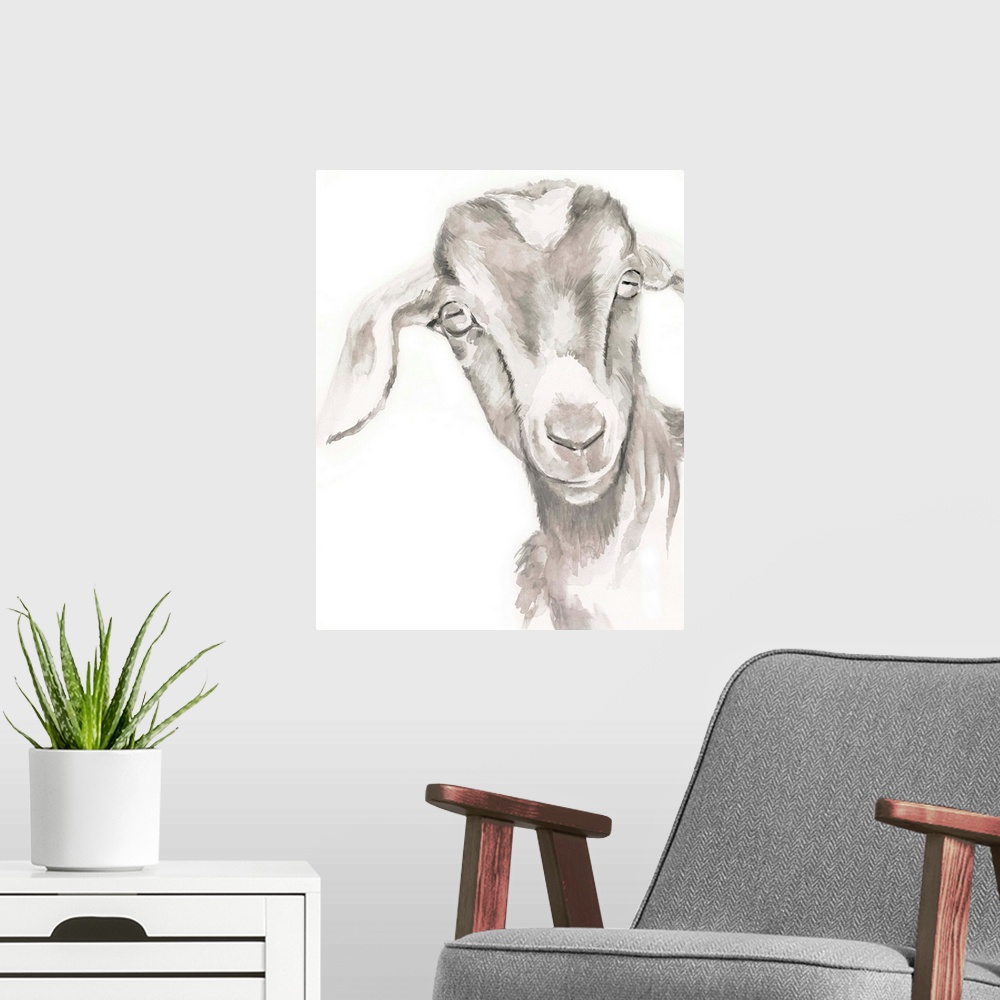 A modern room featuring Watercolor portrait of a goat in gray.