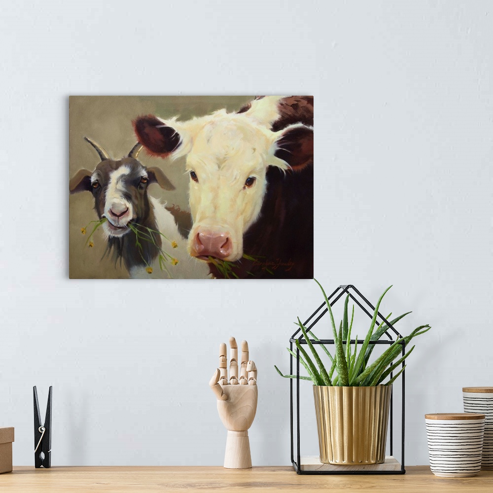 A bohemian room featuring Contemporary artwork of two unexpected farm animals relaxing together.