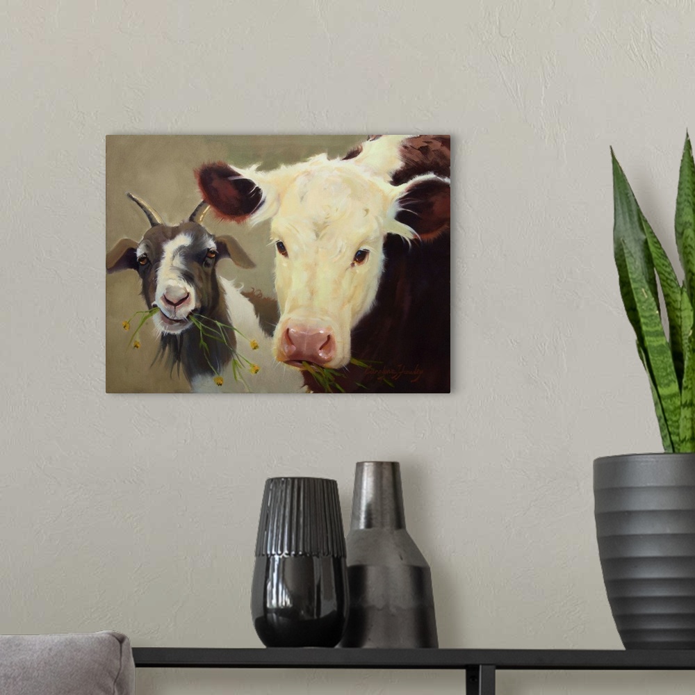 A modern room featuring Contemporary artwork of two unexpected farm animals relaxing together.