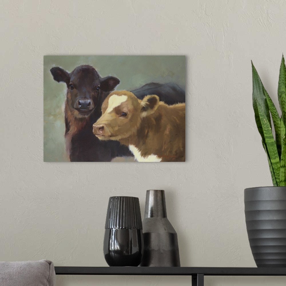A modern room featuring Contemporary artwork of two unexpected farm animals relaxing together.